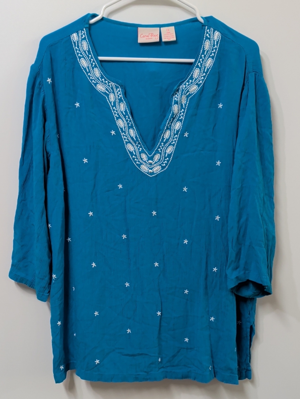 Coral Bay Teal Embroidered V-Neck Blouse Size 1X